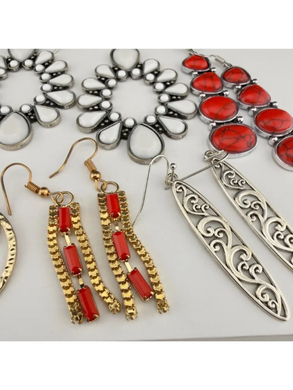Boho Dangle Drop Chandelier Earrings Set of 6 Mixed Metal Red Blue White Pierced